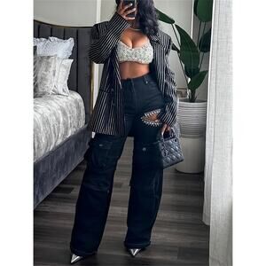 High-Rise Rhinestone-Embellished Women's Cargo Jeans